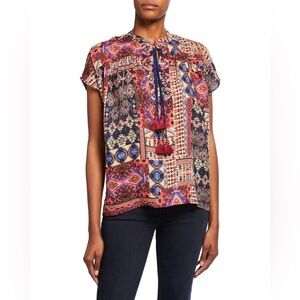 Johnny Was Tribal-Print Double Tassel Short Sleeve Top